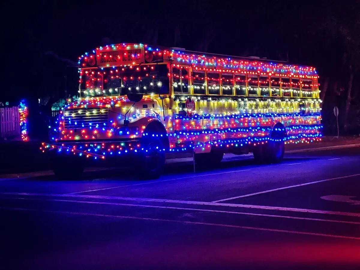 School bus covered in Christmas lights